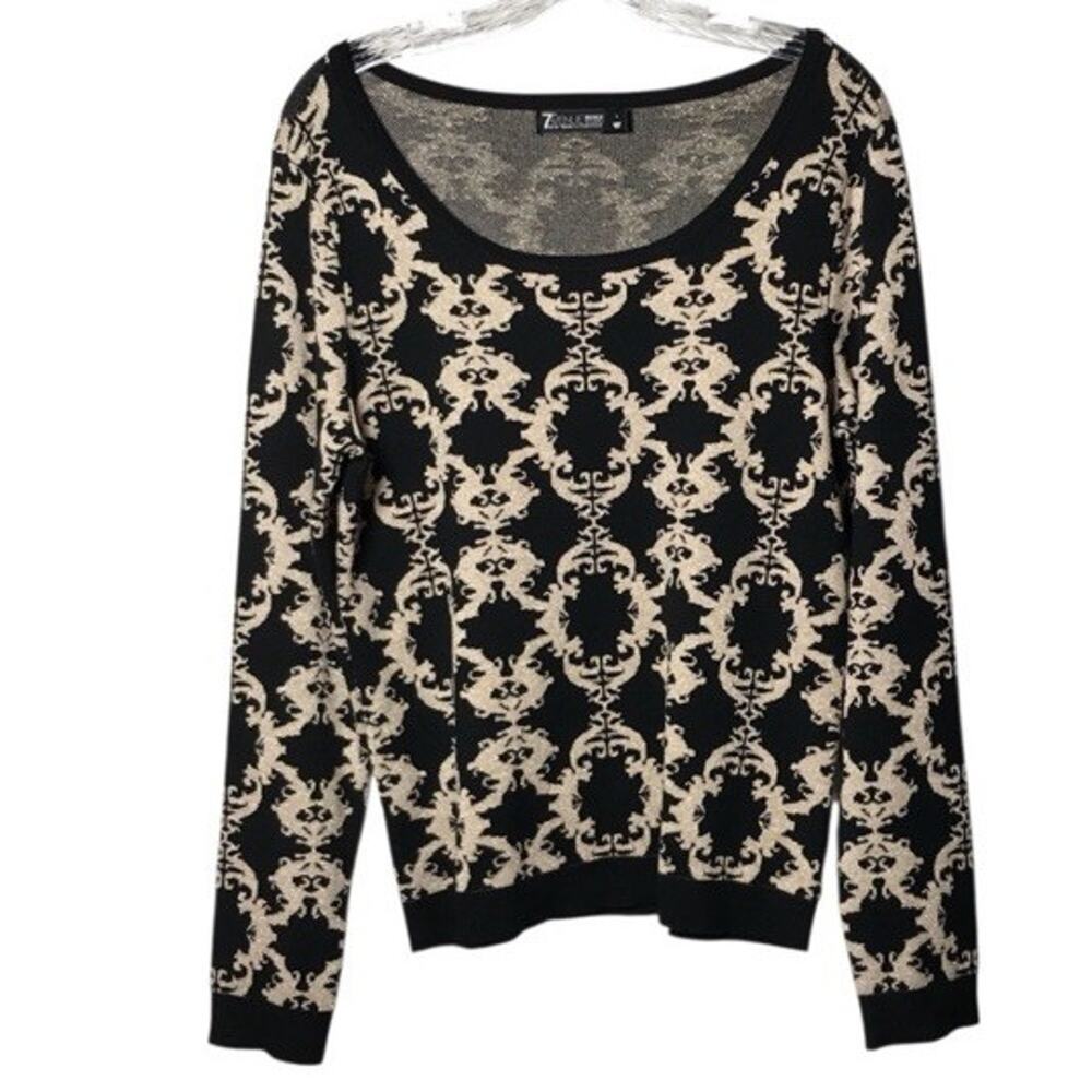 7th Avenue Design Studio Black Gold Metallic Knit Sweater L | Damask Print |